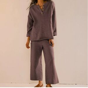 Revolve Free People Beach Hailee Set Brown Waffle Knit Thermal Loungewear Large